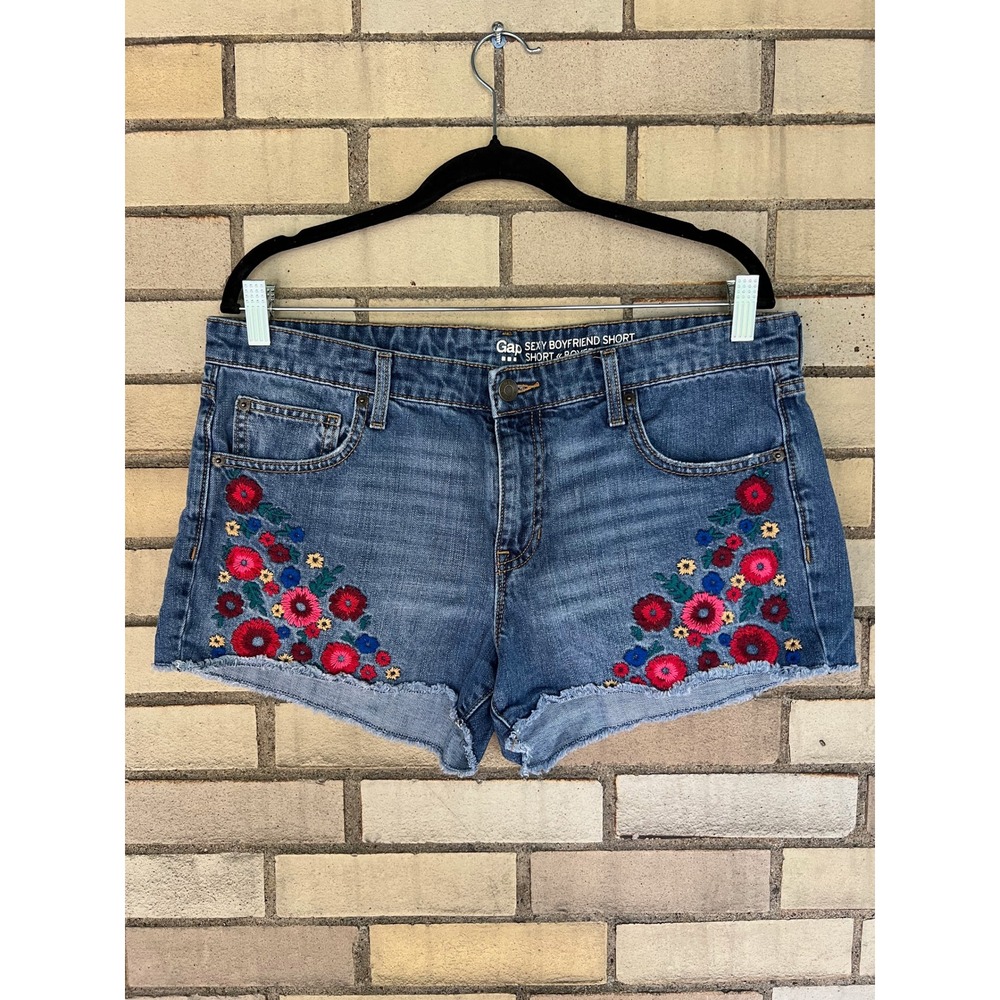 GAP Blue Denim Jean Shorts with Red & Pink Floral Embroidery